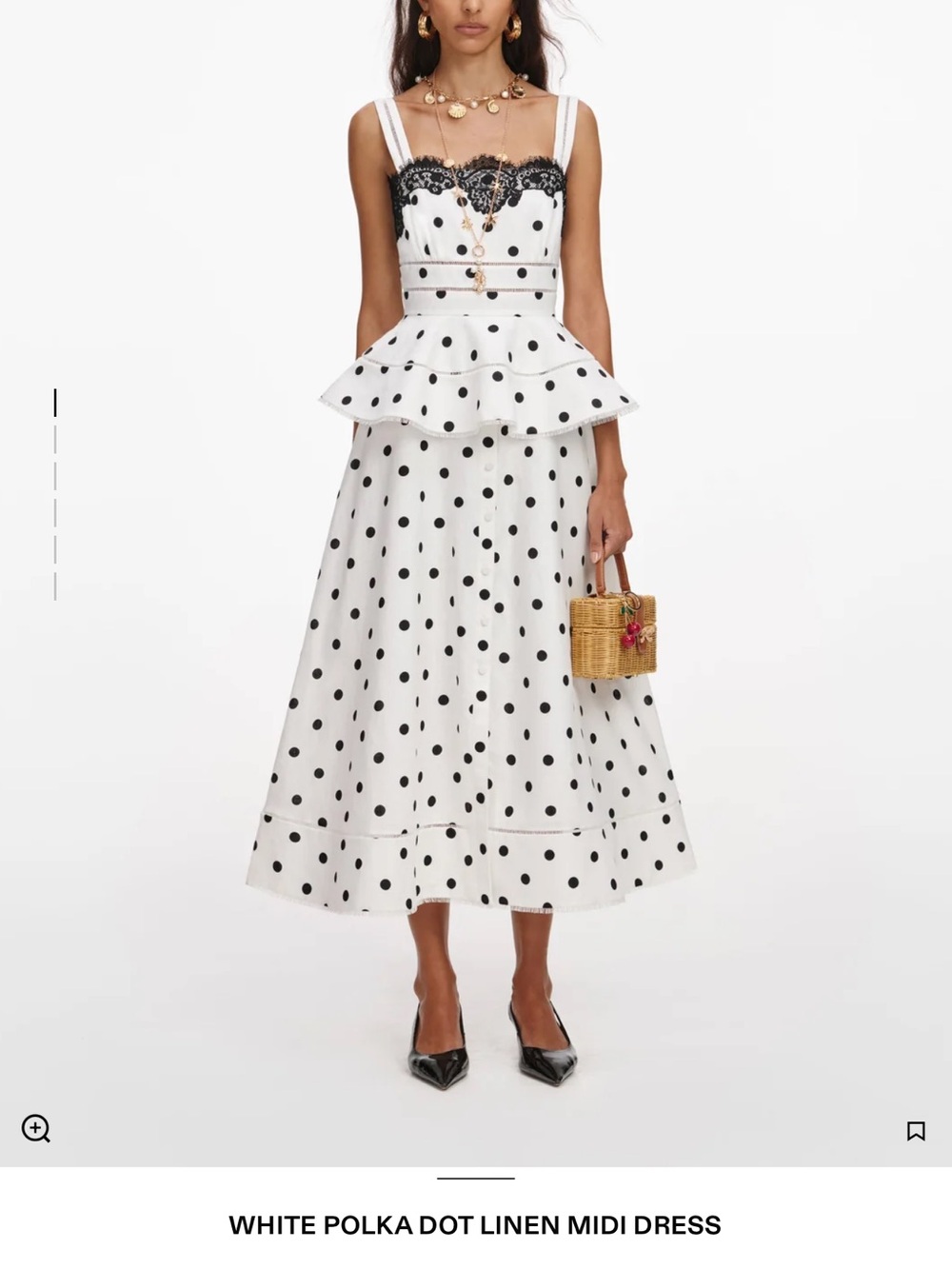 Self-Portrait White Polka Dot Midi Dress with Black Lace Trim - Picture 10 of 13